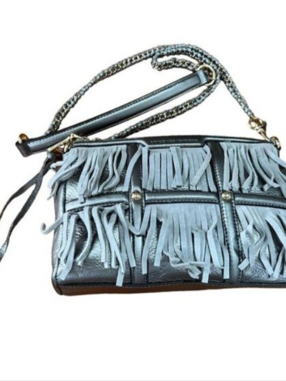 Aimee Kestenberg Metallic Silver Pebble Leather Lined Fringe Gold Chain‎ EUC